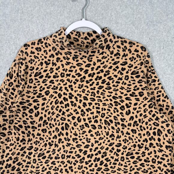 Croft Barrow Turtleneck Women 1X Tan Animal Leopard Cotton Mock Shirt Base Layer - Picture 2 of 9